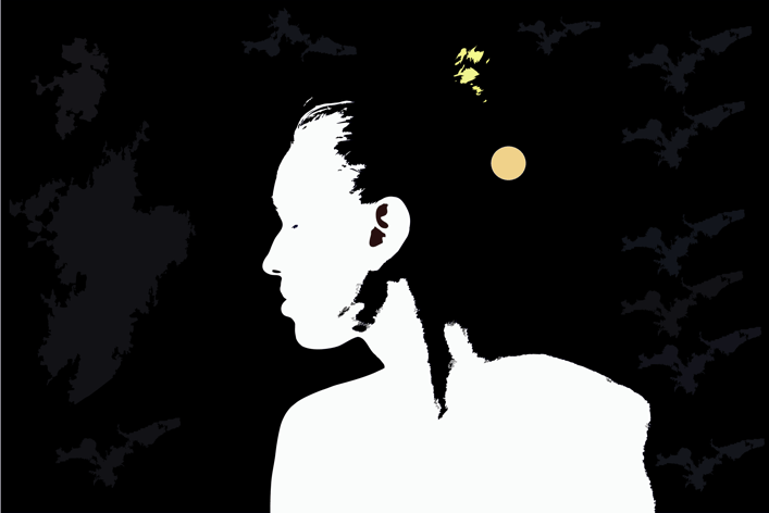 Abstrakte Darstellung (schwarz und weiß), Frau nach links gewandt, in ihrem Rücken etwas Landschaft