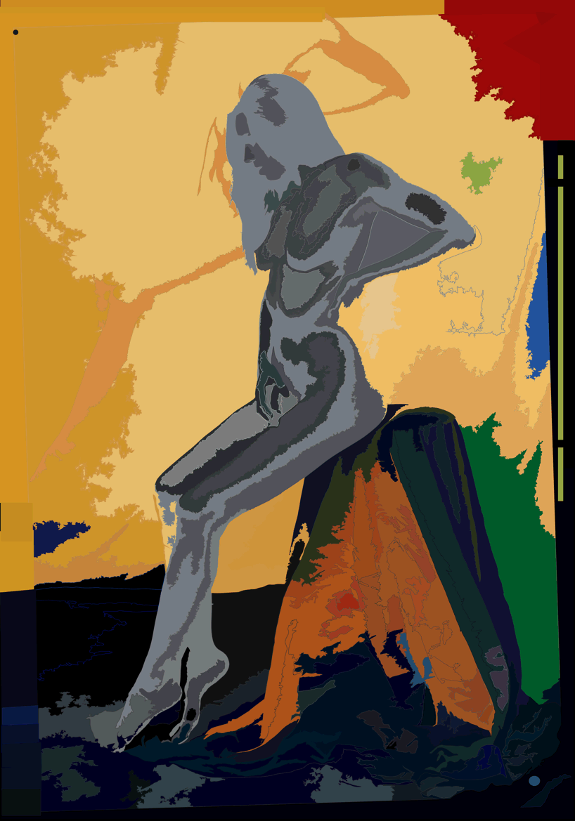 Sitzende Frau auf dunklem Boden vor nach oben zunehmend buntem Hintergrund (teil-abstrakter Akt)